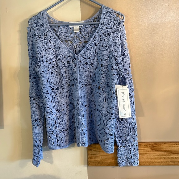 Pierre Cardin vintage inspired S crochet linen cotton cardigan button up sweater - Picture 1 of 5